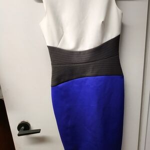 Calvin Klein White, Black, and Blue Midi Dress